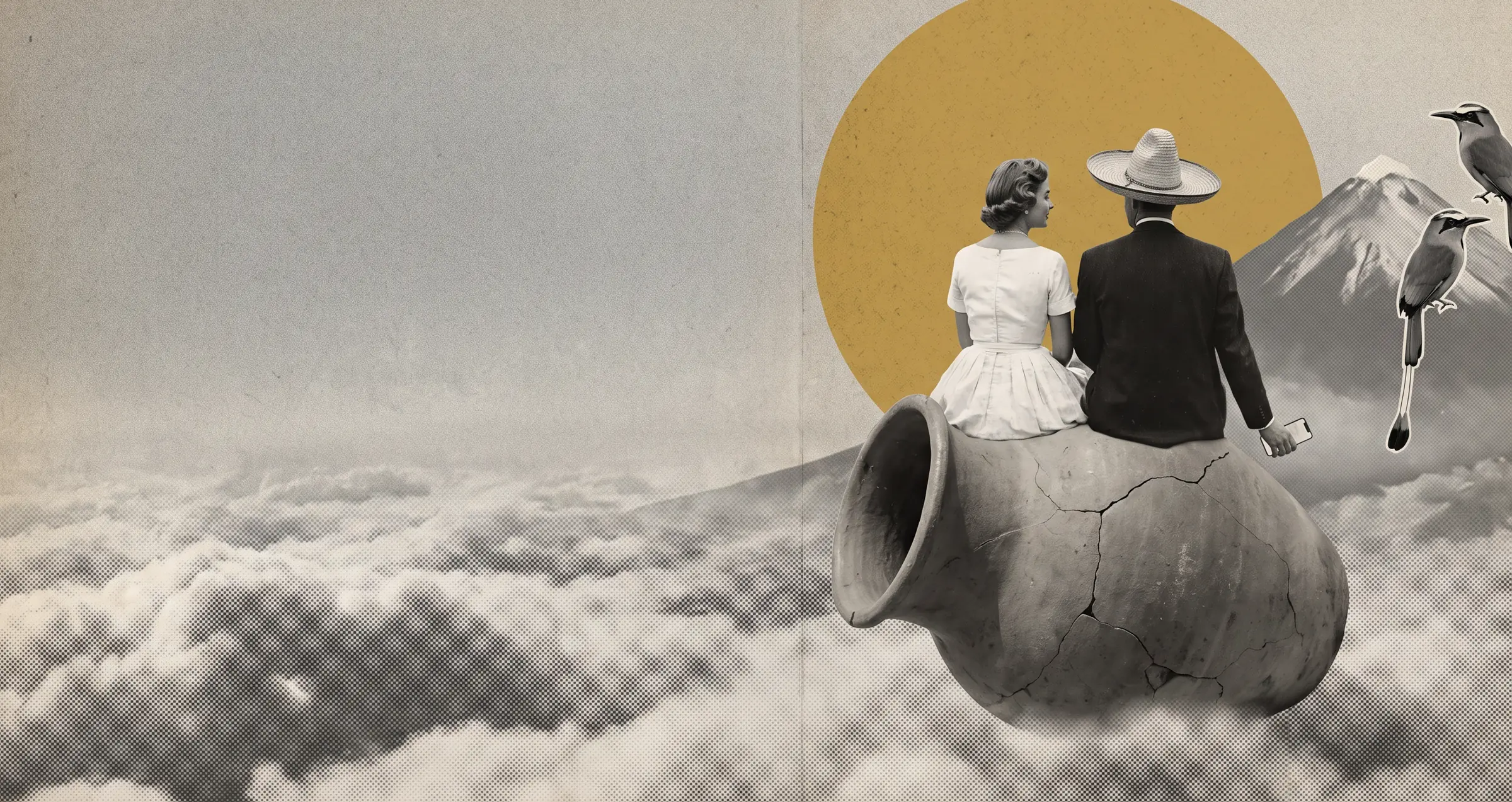 Una pareja de los años cincuenta, sentada en un cántaro de barro sobre las nubes, mira el volcán de San Salvador y un sol mostaza.