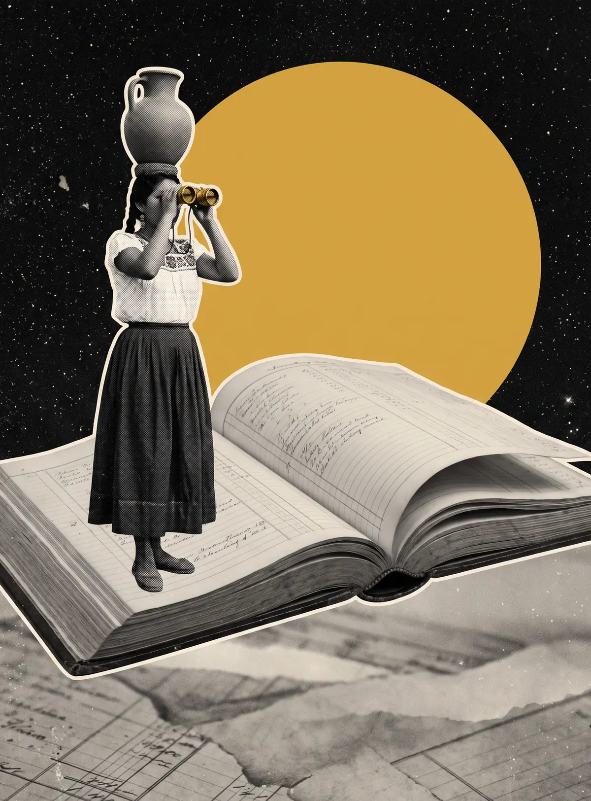 Una mujer con un cántaro en la cabeza mira con binoculares desde un libro contable gigante.