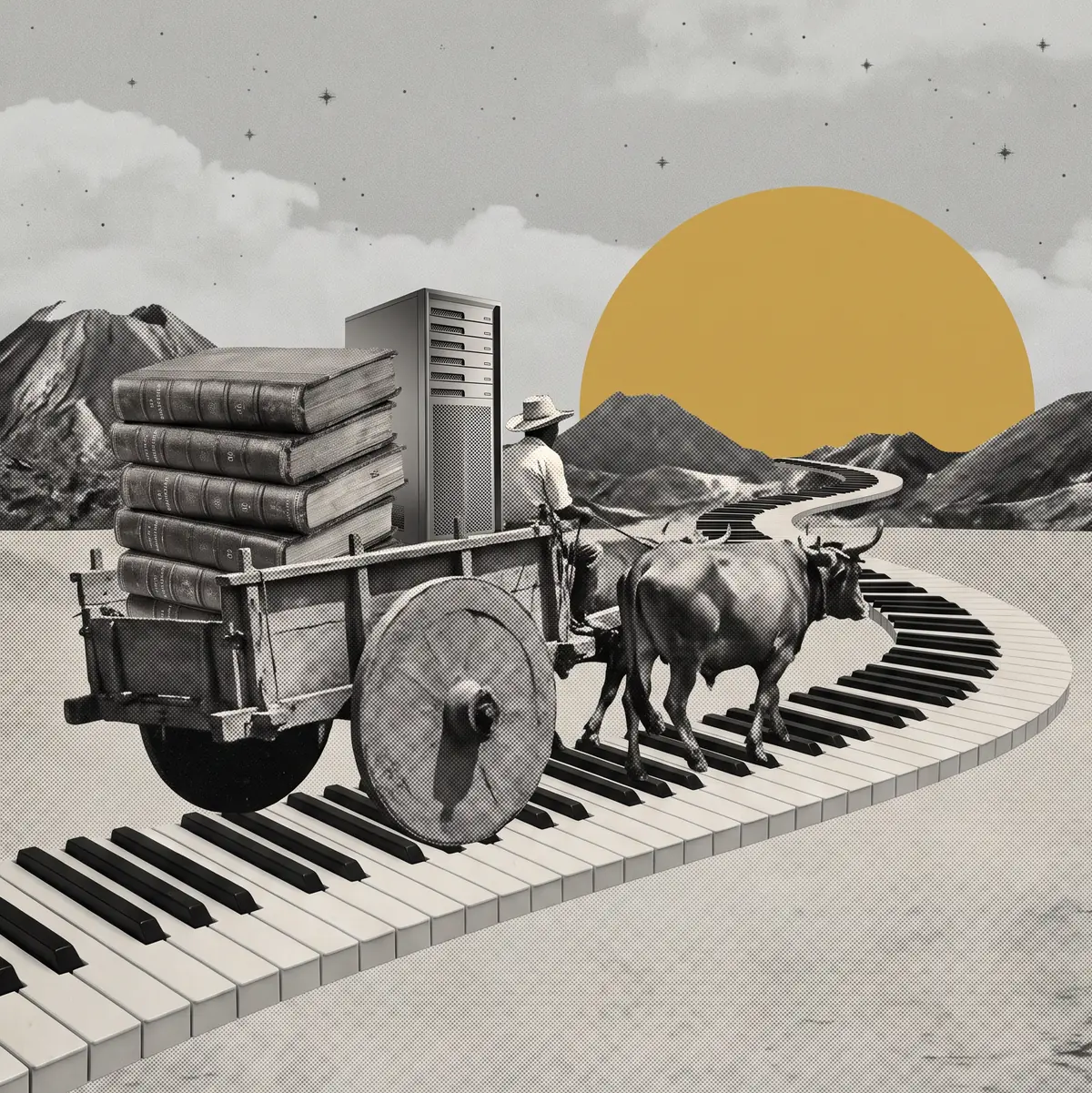 Una carreta de bueyes cargada de libros contables y un servidor, sobre un camino de teclas de piano.